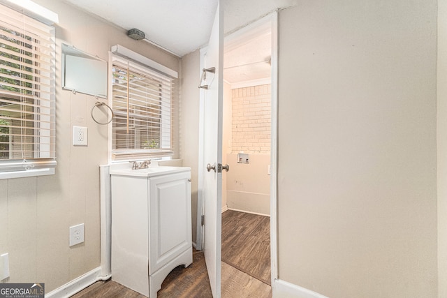 bathroom with vanity, a healthy amount of sunlight, and wood-type flooring