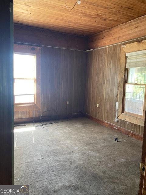 unfurnished room featuring wooden walls and wooden ceiling