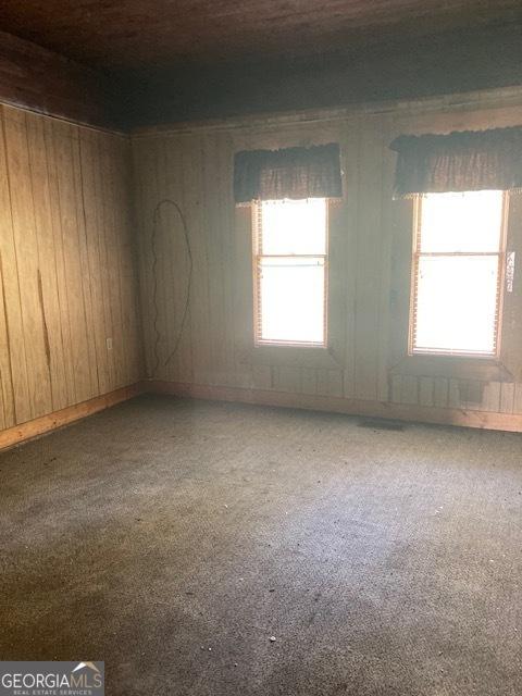 carpeted spare room featuring wood walls