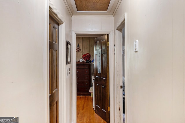 hallway with wooden walls, light wood-type flooring, and ornamental molding