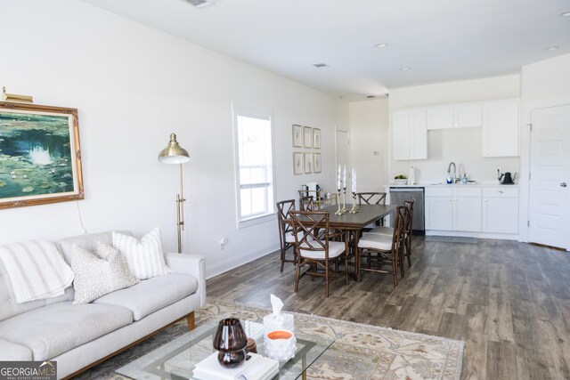 living room featuring dark hardwood / wood-style flooring and sink