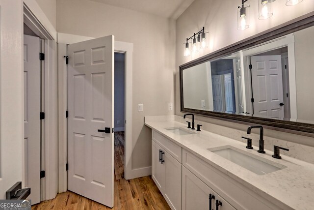 bathroom with vanity and wood-type flooring