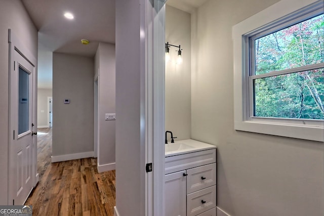 bathroom featuring hardwood / wood-style floors and vanity