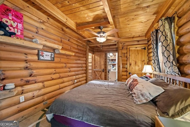 bedroom featuring beam ceiling, rustic walls, wooden ceiling, and ceiling fan