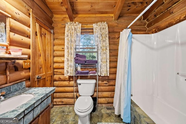 full bathroom with shower / bath combination with curtain, beamed ceiling, toilet, and log walls