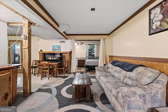 living room with ornamental molding