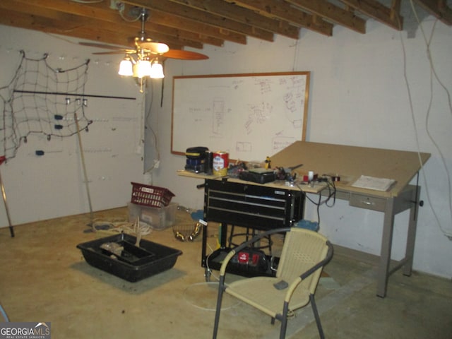 basement featuring ceiling fan