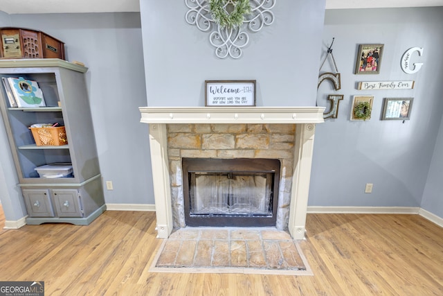 room details featuring wood-type flooring and a fireplace