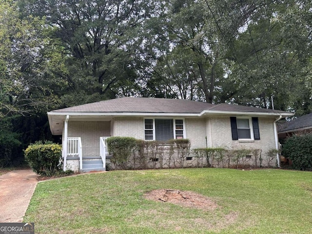 ranch-style house featuring brick siding, a porch, crawl space, and a front yard