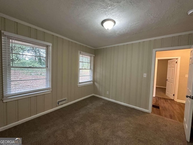 carpeted empty room with a textured ceiling, ornamental molding, and a wealth of natural light