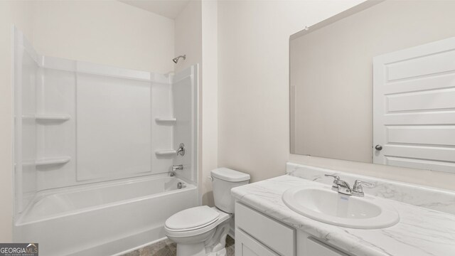 full bathroom featuring shower / tub combination, vanity, and toilet