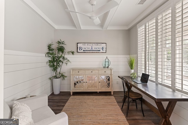 office space featuring beamed ceiling and dark wood-type flooring