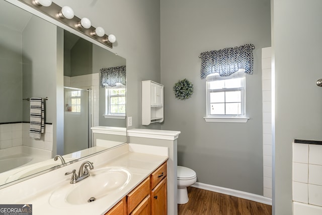 bathroom with walk in shower, vanity, toilet, and wood-type flooring