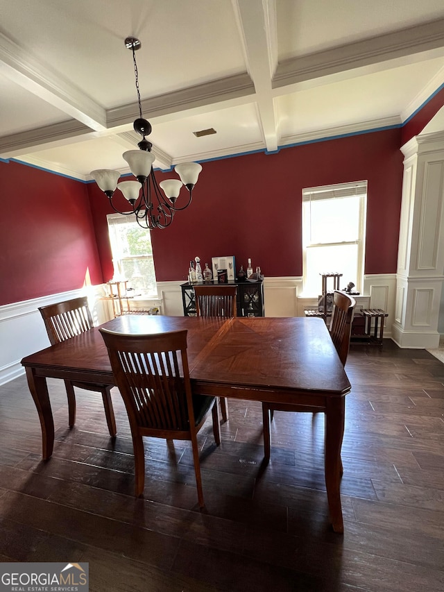 dining room with a chandelier, ornamental molding, beamed ceiling, dark wood-type flooring, and coffered ceiling