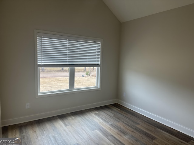 spare room with hardwood / wood-style floors and lofted ceiling