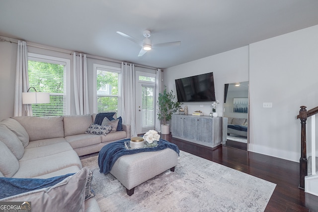 living room featuring ceiling fan and dark hardwood / wood-style floors