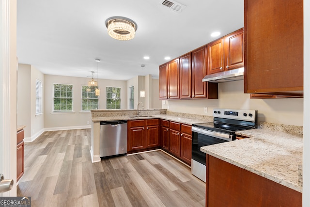 kitchen with sink, kitchen peninsula, decorative light fixtures, light hardwood / wood-style flooring, and stainless steel appliances