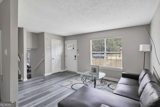 living room with a textured ceiling and hardwood / wood-style floors