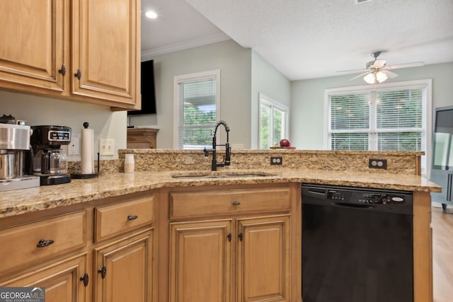 kitchen with kitchen peninsula, dishwasher, light wood-type flooring, ceiling fan, and sink