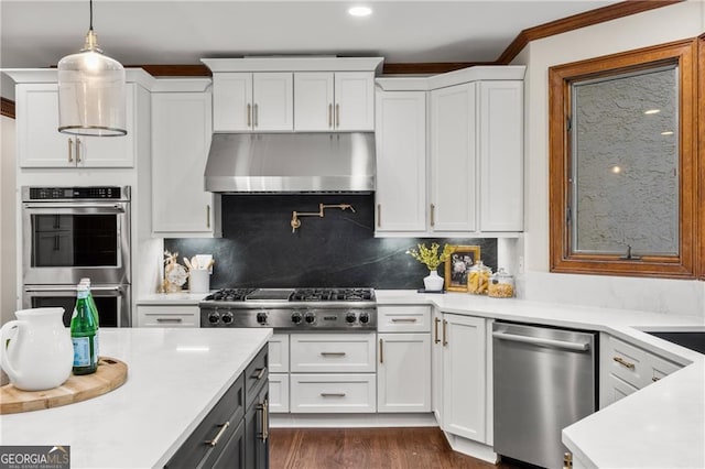 kitchen featuring decorative backsplash, white cabinets, hanging light fixtures, appliances with stainless steel finishes, and range hood