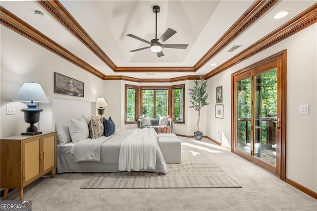 bedroom featuring access to outside, ornamental molding, multiple windows, and ceiling fan