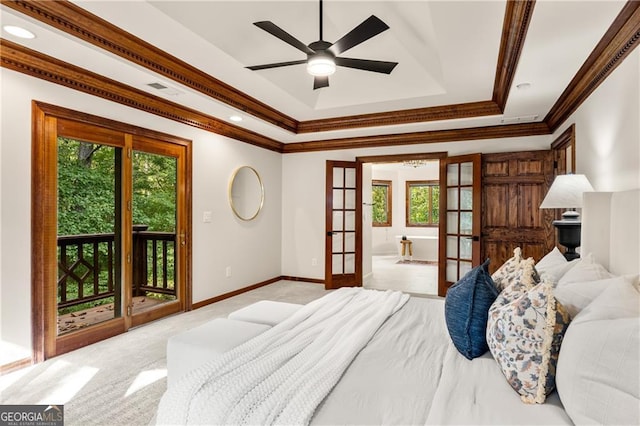 bedroom with ceiling fan, french doors, crown molding, access to exterior, and light colored carpet