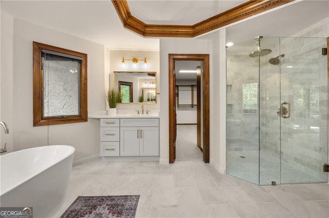 bathroom featuring vanity, plus walk in shower, and ornamental molding