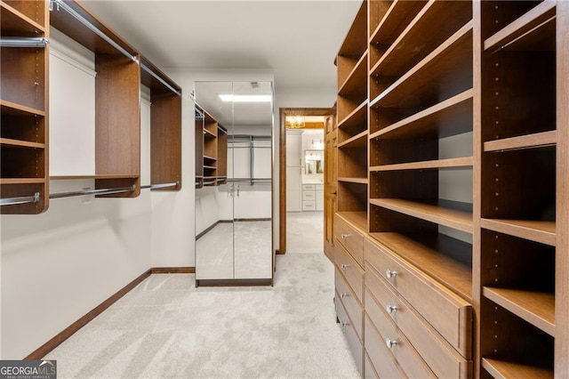 spacious closet featuring light colored carpet