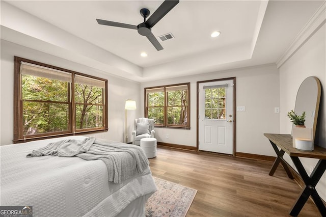 bedroom with a tray ceiling, hardwood / wood-style floors, and ceiling fan