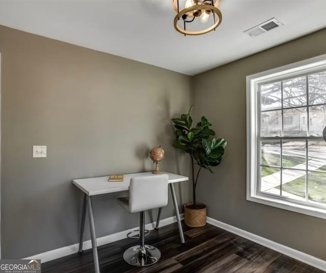 office space featuring dark hardwood / wood-style floors