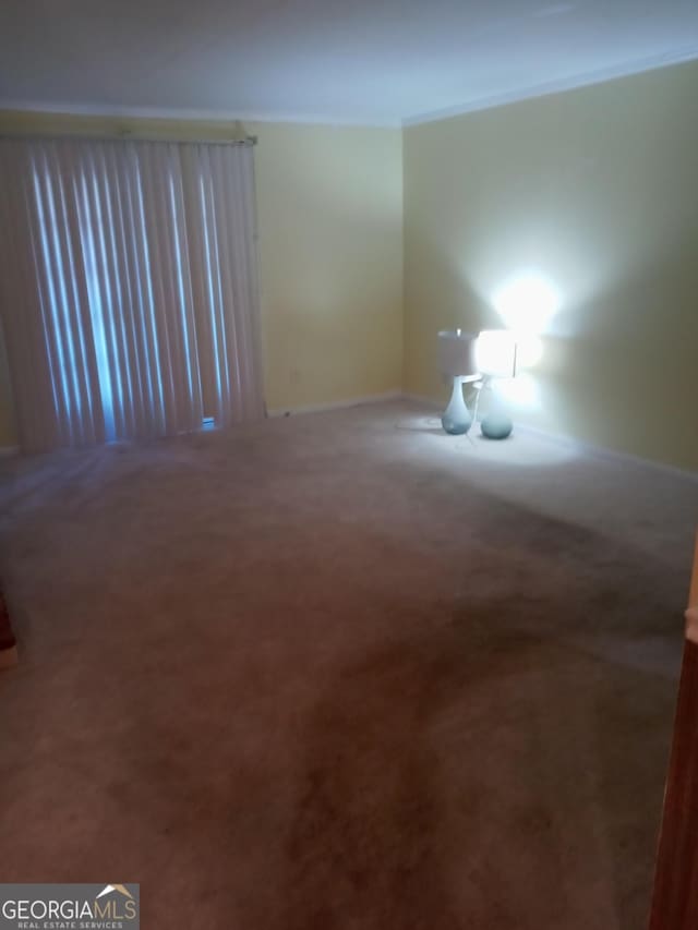 spare room with ornamental molding and carpet