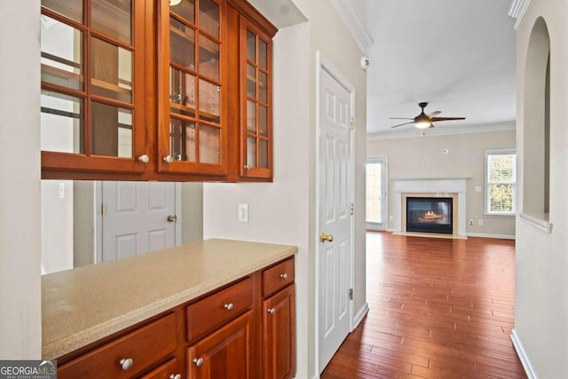 bar with ornamental molding, dark hardwood / wood-style flooring, and ceiling fan