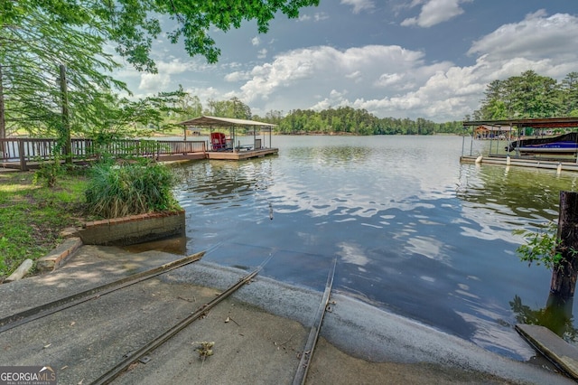 dock area with a water view