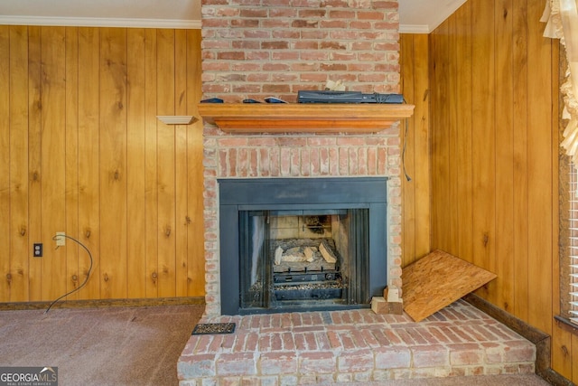 interior details featuring crown molding, wooden walls, and carpet