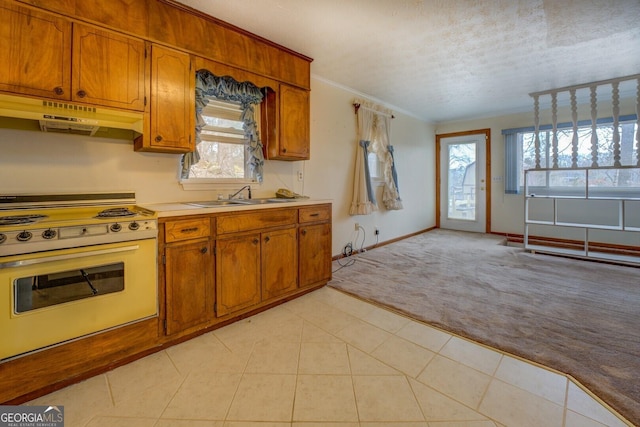 kitchen with sink, hanging light fixtures, white range oven, a textured ceiling, and light carpet