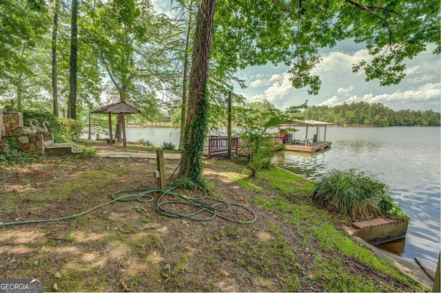 view of yard featuring a dock and a water view