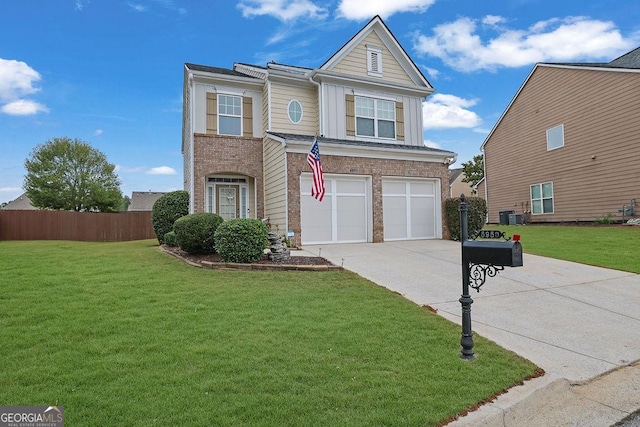 view of front of property with central AC unit, a garage, and a front lawn