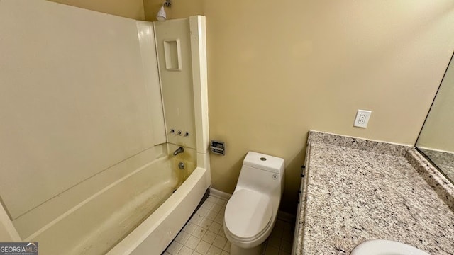 full bathroom featuring vanity, bathtub / shower combination, toilet, and tile patterned floors