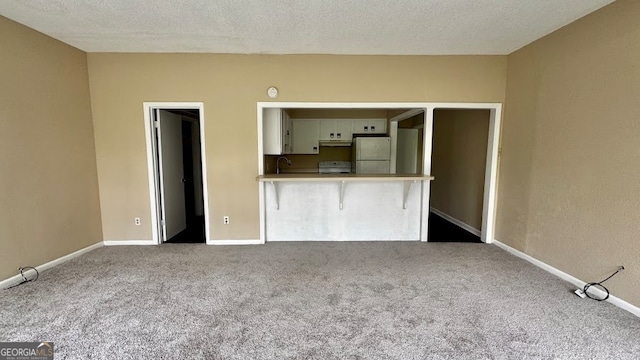 interior space with a textured ceiling, sink, and light colored carpet