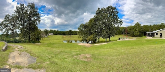 view of community with a lawn and a water view