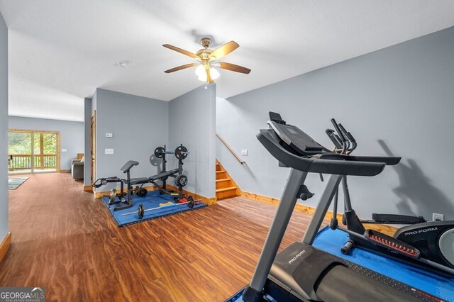 workout area featuring ceiling fan and hardwood / wood-style flooring