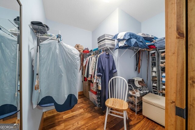 walk in closet featuring vaulted ceiling and hardwood / wood-style flooring