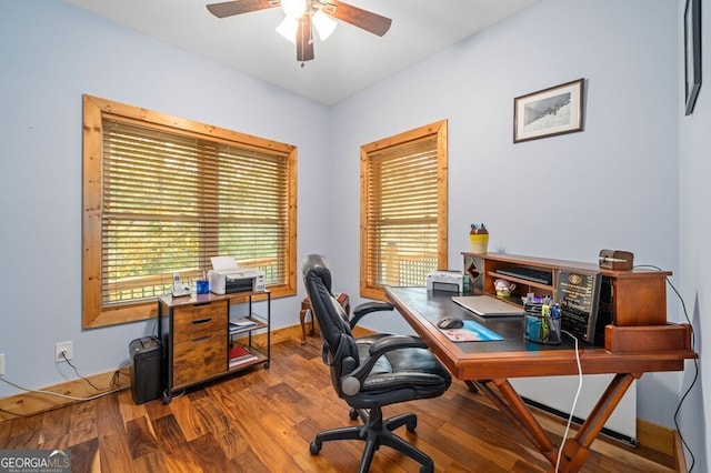 office space featuring ceiling fan and hardwood / wood-style floors