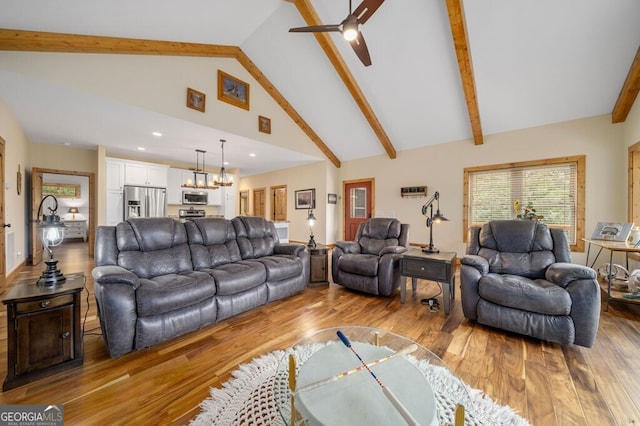 292 Silver Fox Trl, Blue Ridge, GA 30513 - living area with light wood-type flooring, beam ceiling, ceiling fan, high vaulted ceiling, and recessed lighting