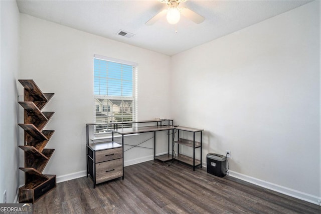 office area with dark hardwood / wood-style flooring and ceiling fan