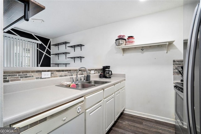 kitchen featuring white cabinets, dishwasher, dark hardwood / wood-style floors, and decorative backsplash