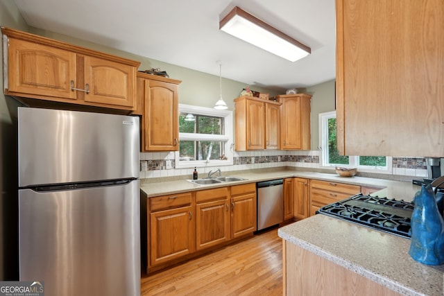 kitchen with sink, light hardwood / wood-style flooring, stainless steel appliances, and a wealth of natural light