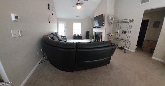 3364 Joseph Dr NW, Acworth, GA 30101 - carpeted living room with a fireplace, baseboards, and lofted ceiling