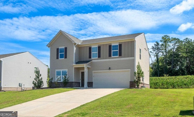 view of front facade with a garage and a front lawn