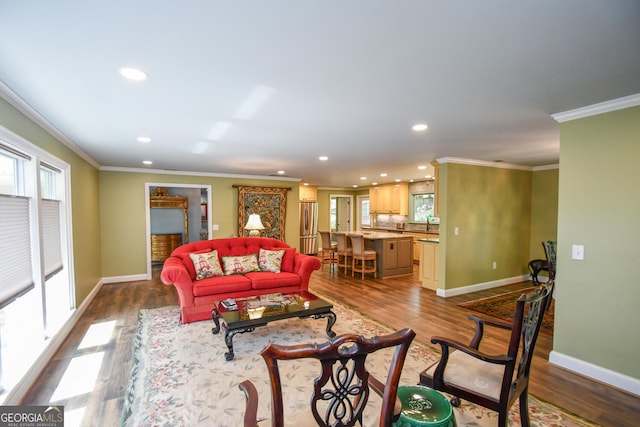 living room with crown molding and light hardwood / wood-style flooring